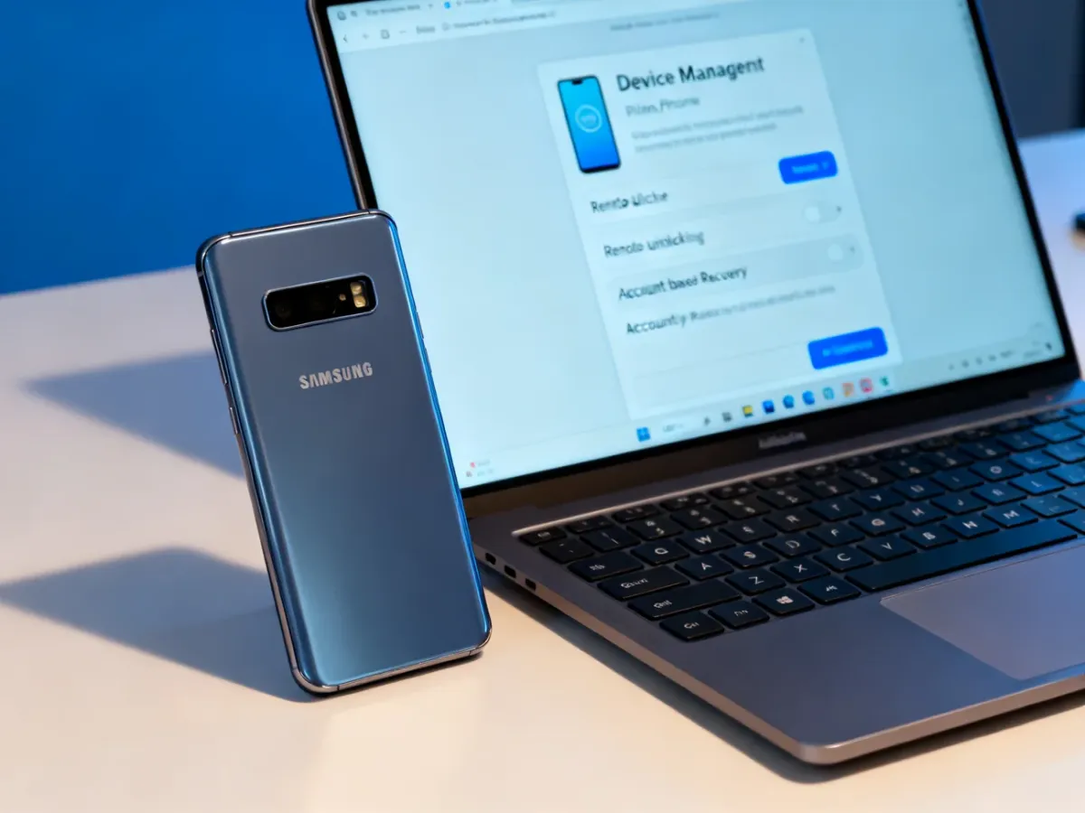 Smartfon Samsung obok laptopa podczas zdalnego zarządzania urządzeniem