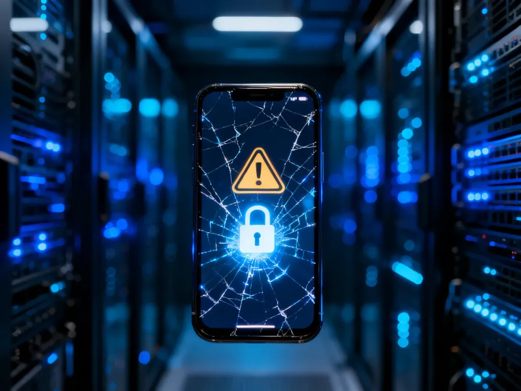 Pęknięty ekran smartfona z ikoną kłódki i ostrzeżeniem na tle serwerowni, symbolizujący zagrożenie cyberbezpieczeństwa.