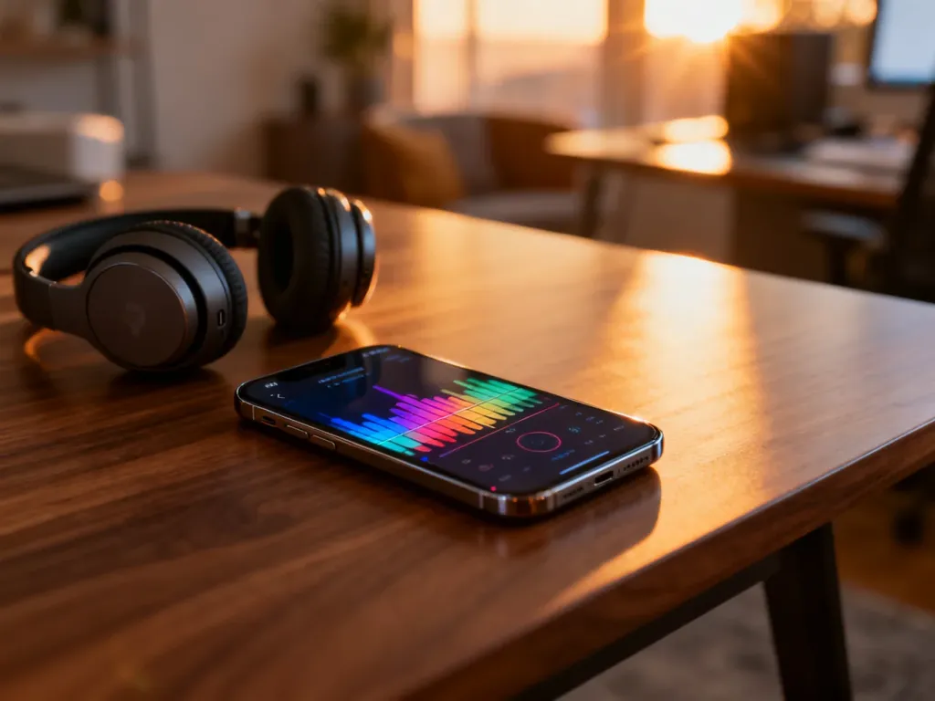 Nowoczesny smartfon z interfejsem muzycznym i słuchawki bezprzewodowe na drewnianym stole w przytulnym domowym biurze.