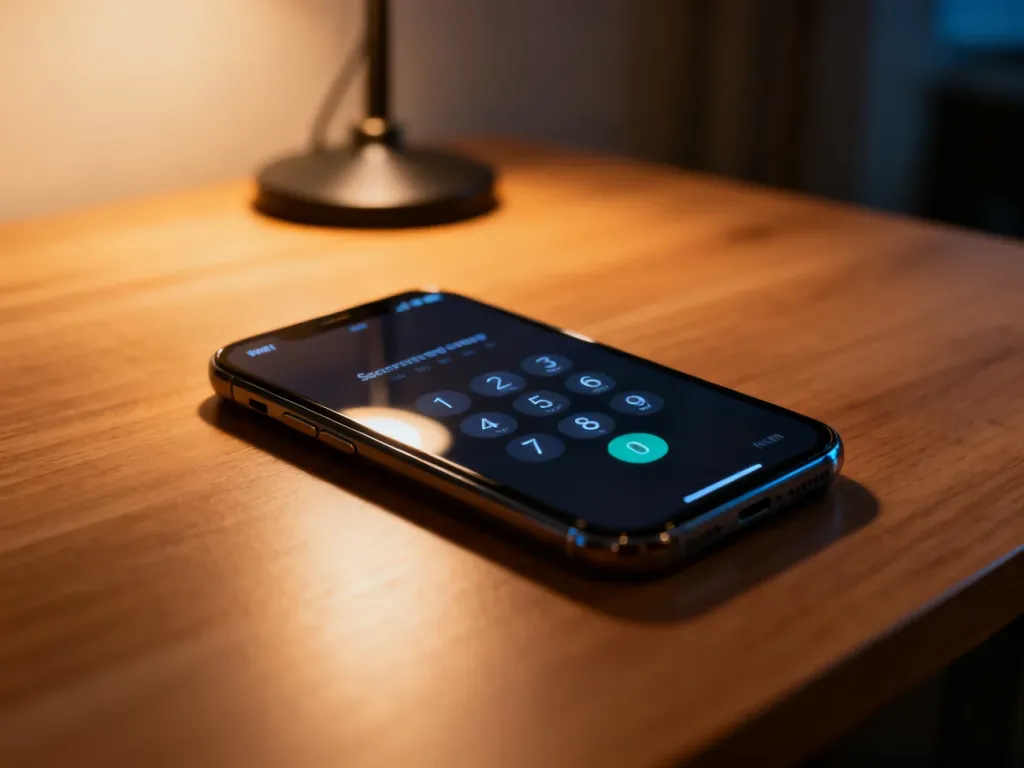Zablokowany ekran smartfona z widocznym panelem wprowadzania kodu zabezpieczającego na drewnianym biurku.
