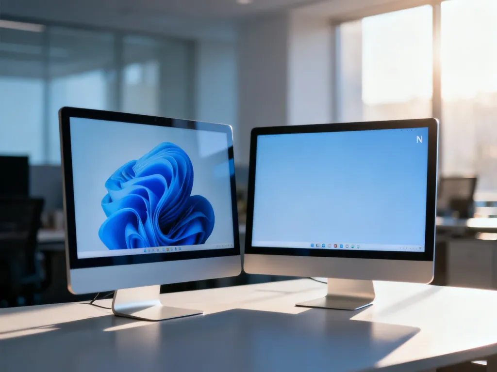 Dwa monitory komputerowe obok siebie, obrazujące różnice w interfejsie między standardową wersją systemu Windows a edycją N.