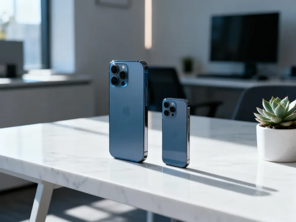 iPhone 15 i 15 Plus leżące obok siebie na marmurowym biurku, ukazujące różnicę w wielkości obu modeli.
