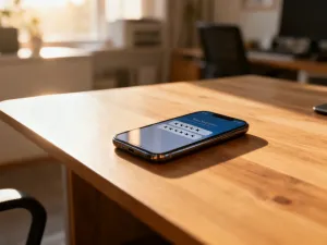 Zablokowany ekran nowoczesnego smartfona w słabo oświetlonym pomieszczeniu, ilustrujący problem z niedziałającym dotykiem.