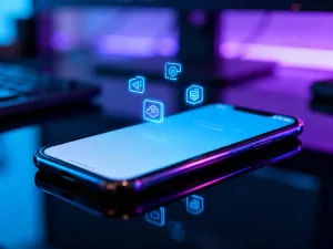 Smarfon leżący na drewnianym biurku, podkreślający smukły profil i precyzyjne wymiary urządzenia.