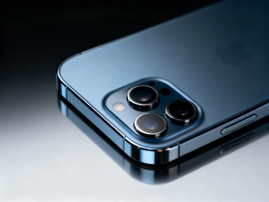 Zbliżenie na zaawansowany potrójny moduł aparatu iPhone'a 13, podkreślające precyzję wykonania obiektywów.