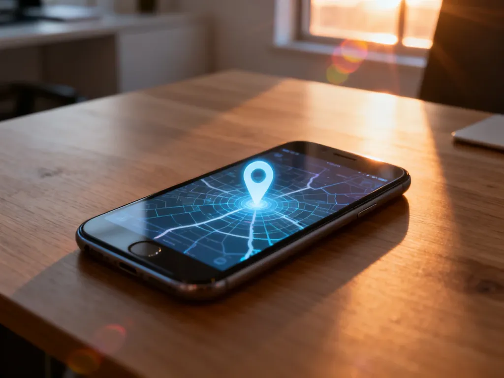 Nowoczesny smartfon z wyświetloną mapą i pinezką lokalizacji na drewnianym biurku, ilustrujący działanie usługi Samsung Find.