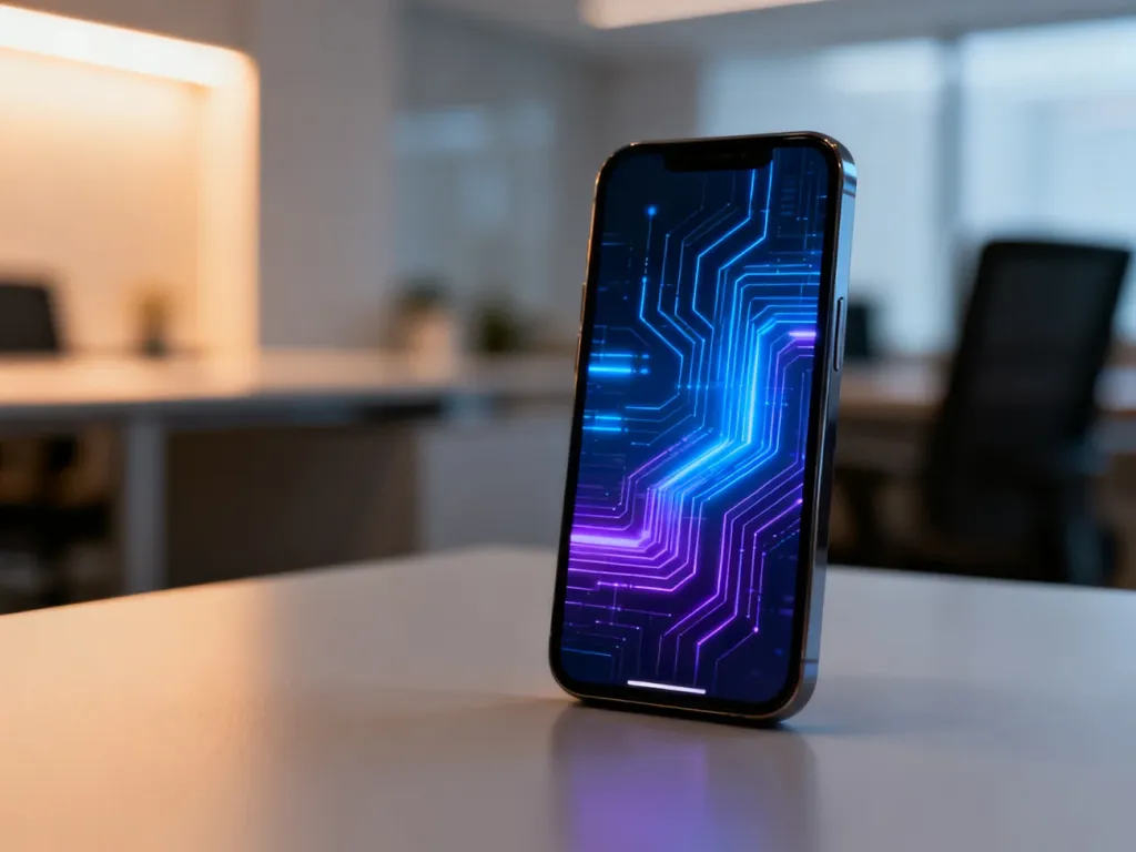 Nowoczesny smartfon z futurystycznym interfejsem systemu Android na minimalistycznym biurku.