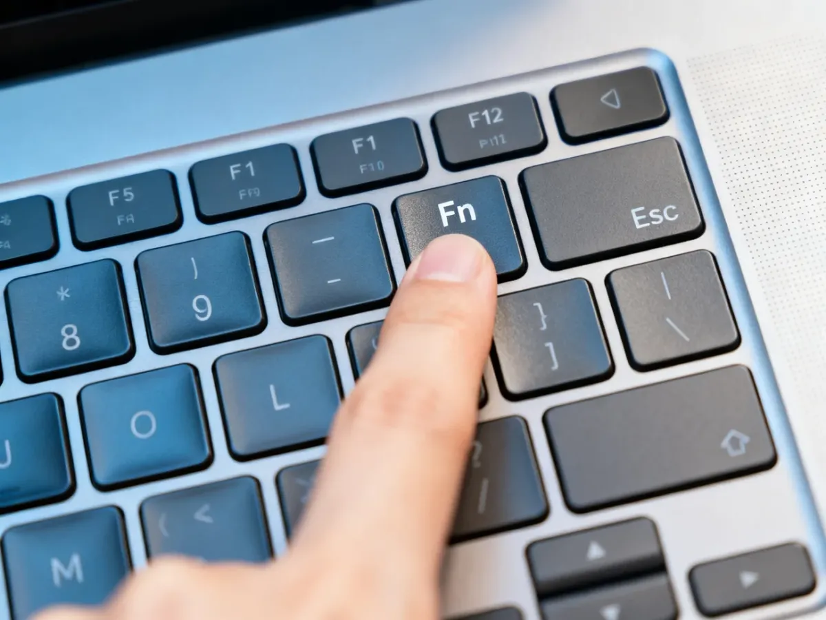 Palec naciskający klawisze Fn i Esc na klawiaturze laptopa