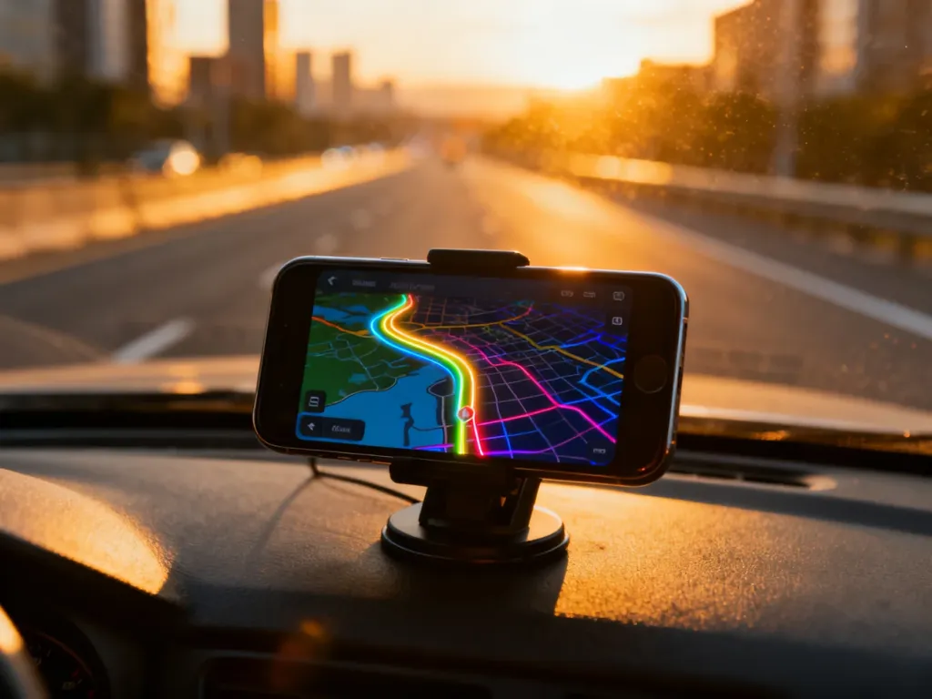 Smartfon z włączoną nawigacją Waze zamontowany na desce rozdzielczej samochodu podczas jazdy w świetle zachodzącego słońca.