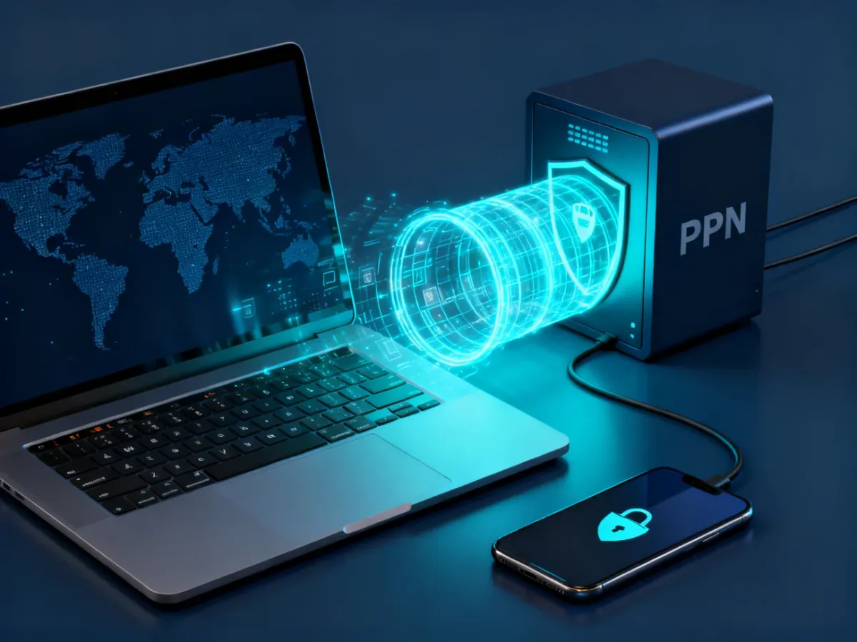 Laptop i smartfon połączone szyfrowanym tunelem z serwerem VPN