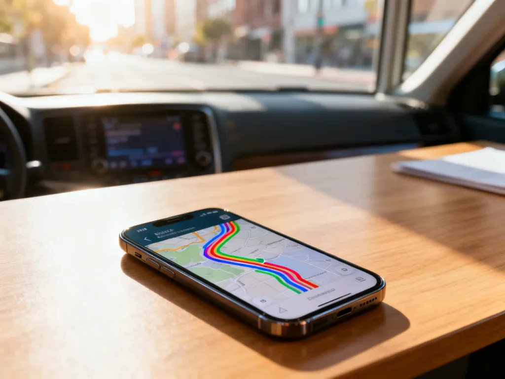 Smartfon z włączoną nawigacją na drewnianym biurku, z rozmytym widokiem na miasto w tle.