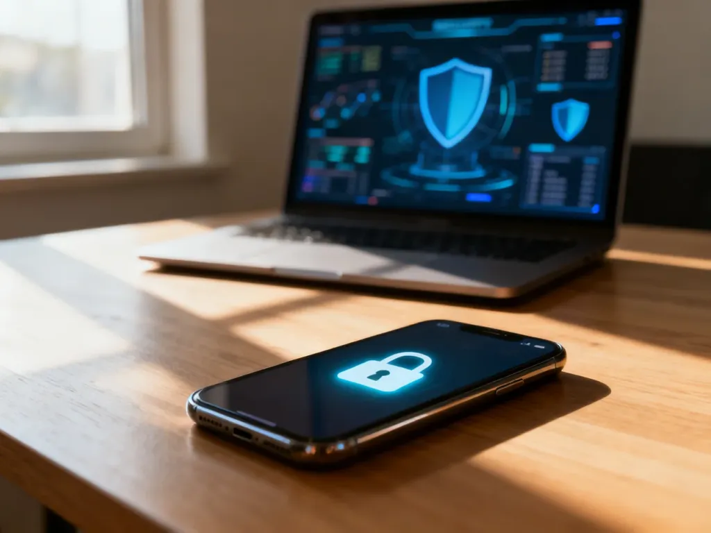 Smartfon z ikoną kłódki na ekranie oraz laptop z panelem zabezpieczeń, symbolizujące ochronę konta Google.