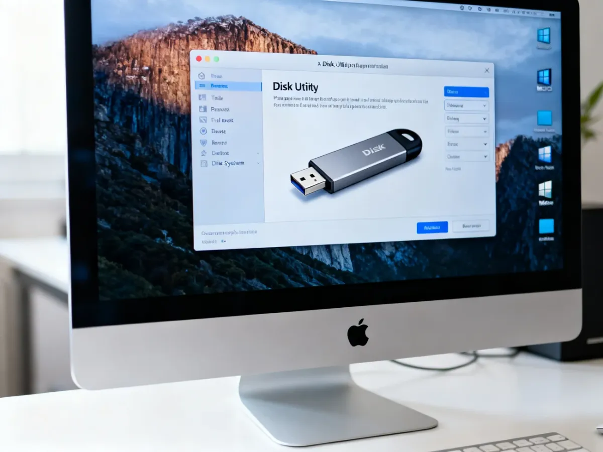 Mac komputer z otwartym Narzędziem dyskowym i pendrive’em przygotowanym do formatowania
