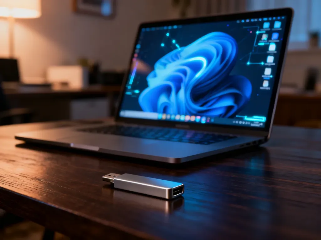 Nowoczesny laptop z interfejsem Windows oraz pendrive na biurku, symbolizujące instalację systemu operacyjnego.