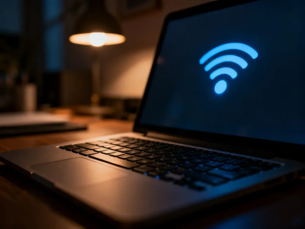 Nowoczesny laptop z podświetloną ikoną sieci bezprzewodowej na ekranie w przytulnym, wieczornym biurze.