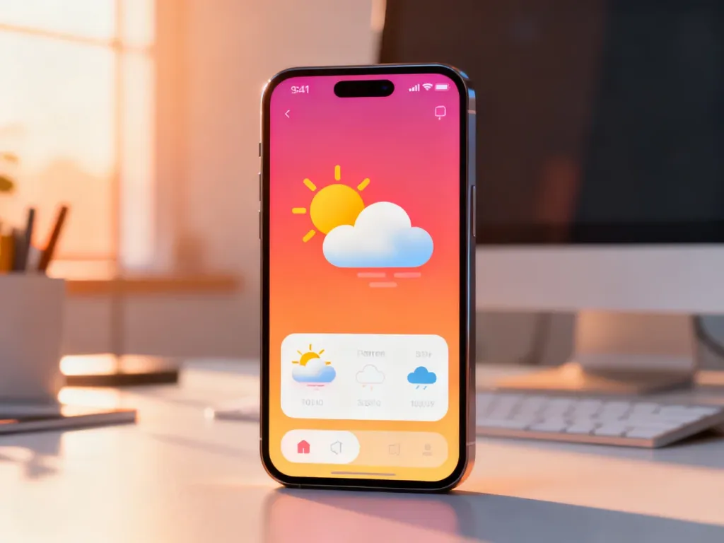 Smartfon z widocznym widżetem pogody na ekranie głównym, umieszczony na tle nowoczesnego biurka.