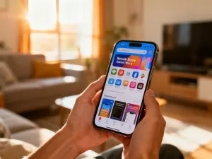 Kolorowe karty podarunkowe Google Play ułożone na drewnianym stole w sklepie z elektroniką.