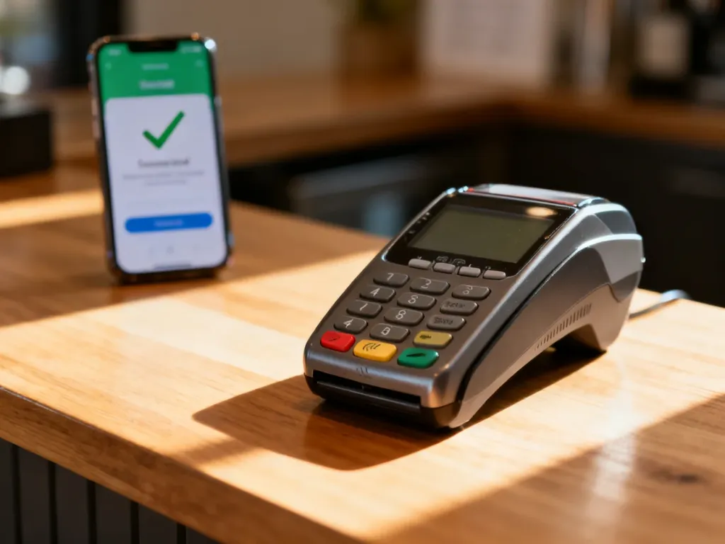 Terminal płatniczy na drewnianym blacie oraz smartfon z potwierdzeniem udanej płatności zbliżeniowej Google Pay.