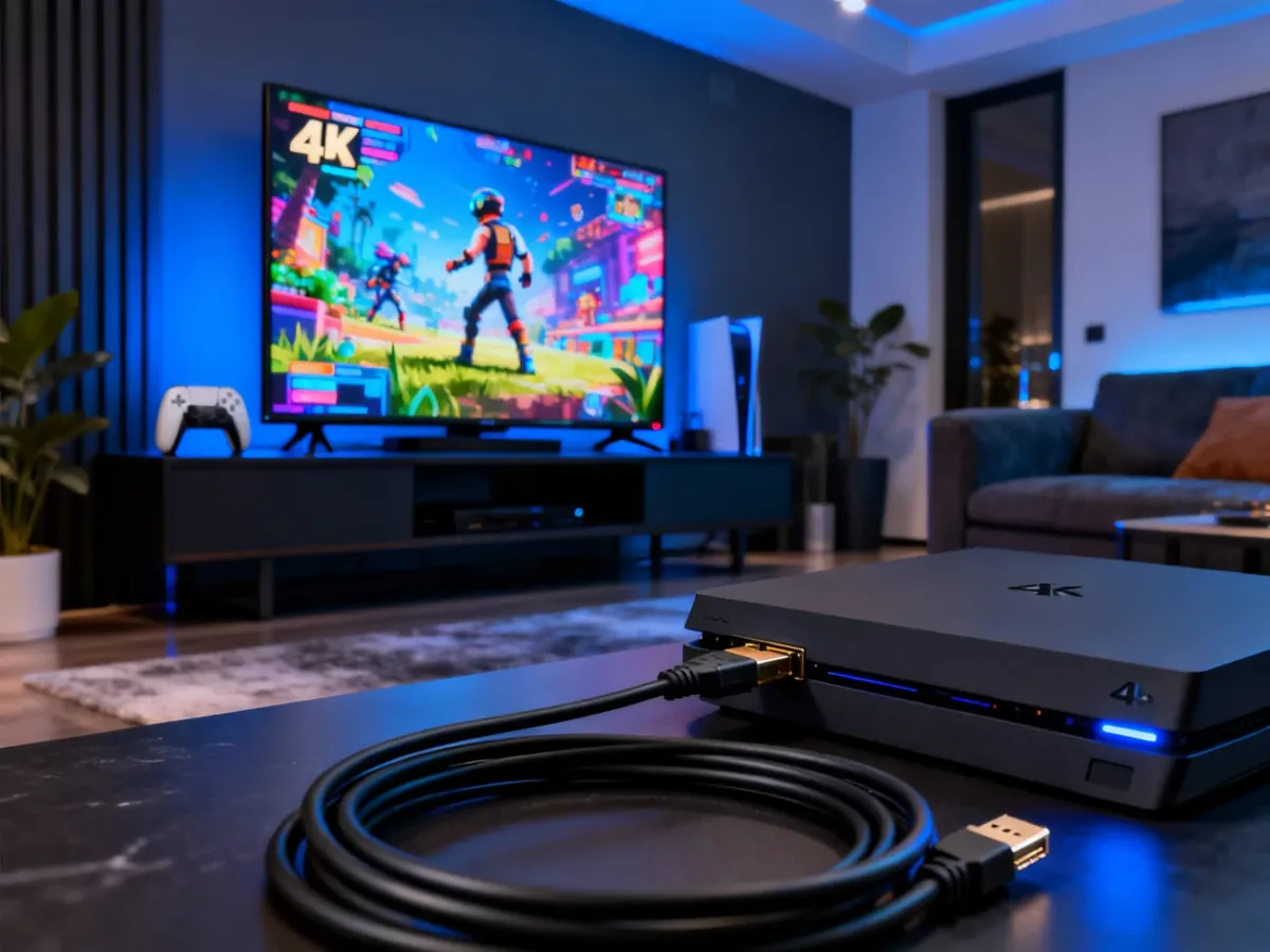 Telewizor 4K połączony z konsolą do gier przewodem HDMI