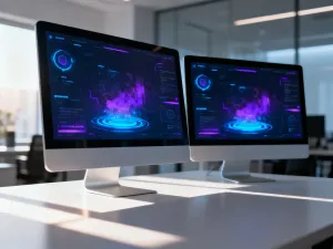 Nowoczesny ekran komputera z widoczną ikoną ustawień systemowych w jasnym, domowym biurze.