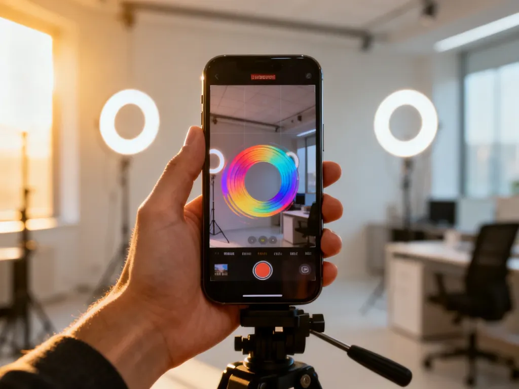 Dłoń trzymająca smartfon podczas nagrywania pionowego wideo w profesjonalnym studiu z oświetleniem typu ring light.