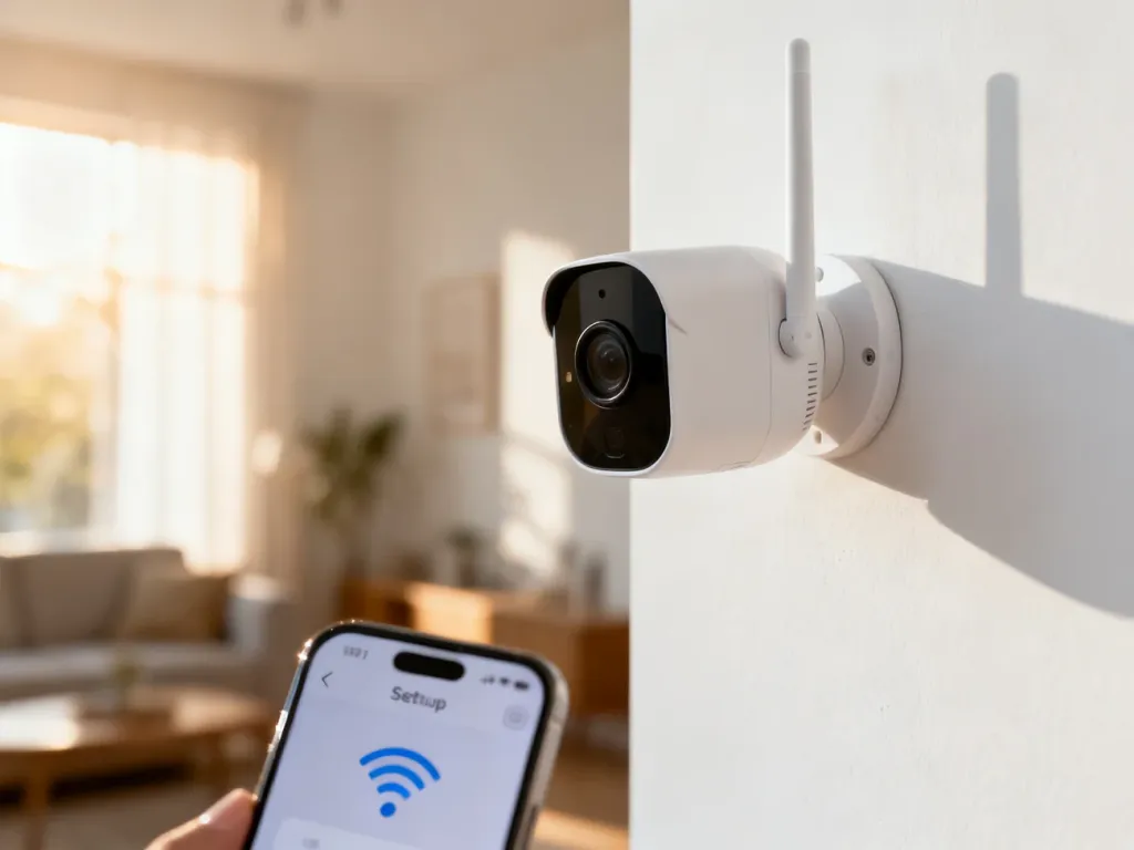 Nowoczesna kamera Wi-Fi zamontowana na ścianie oraz smartfon z aplikacją do konfiguracji urządzenia.