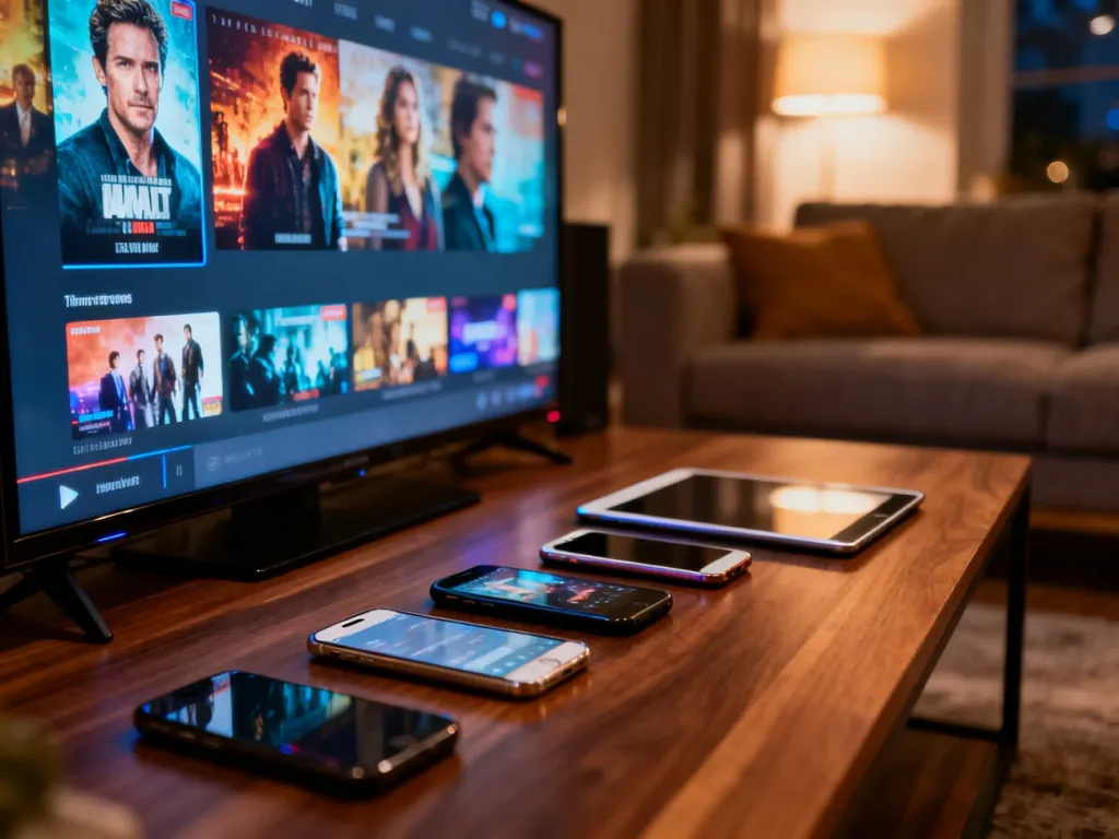 Nowoczesny salon z telewizorem i wieloma urządzeniami mobilnymi, ilustrujący korzystanie z Netflixa na różnych ekranach.