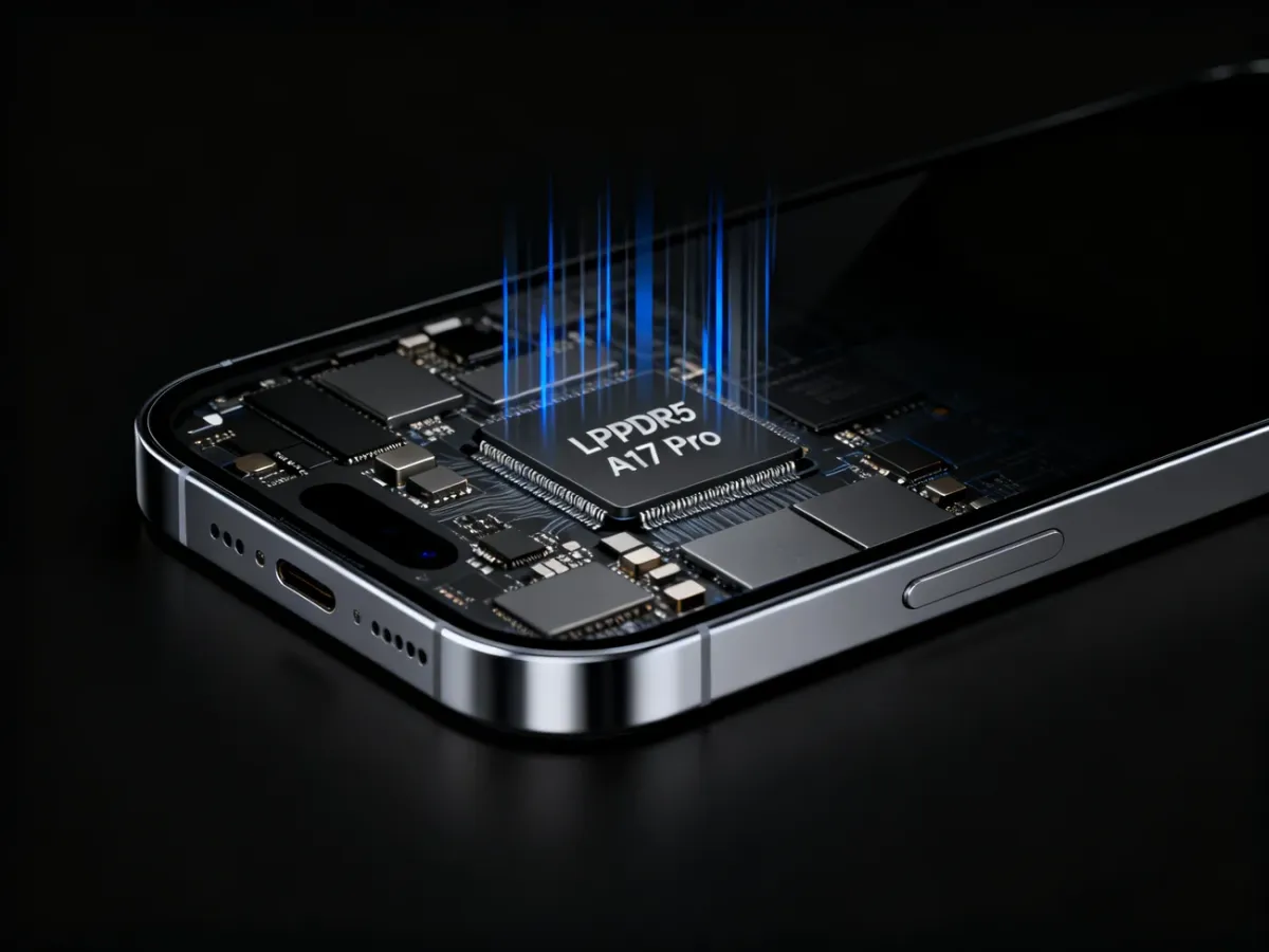 Smartfon inspirowany iPhone’em 15 Pro z wizualizacją szybkiej pamięci LPDDR5 i układu A17 Pro