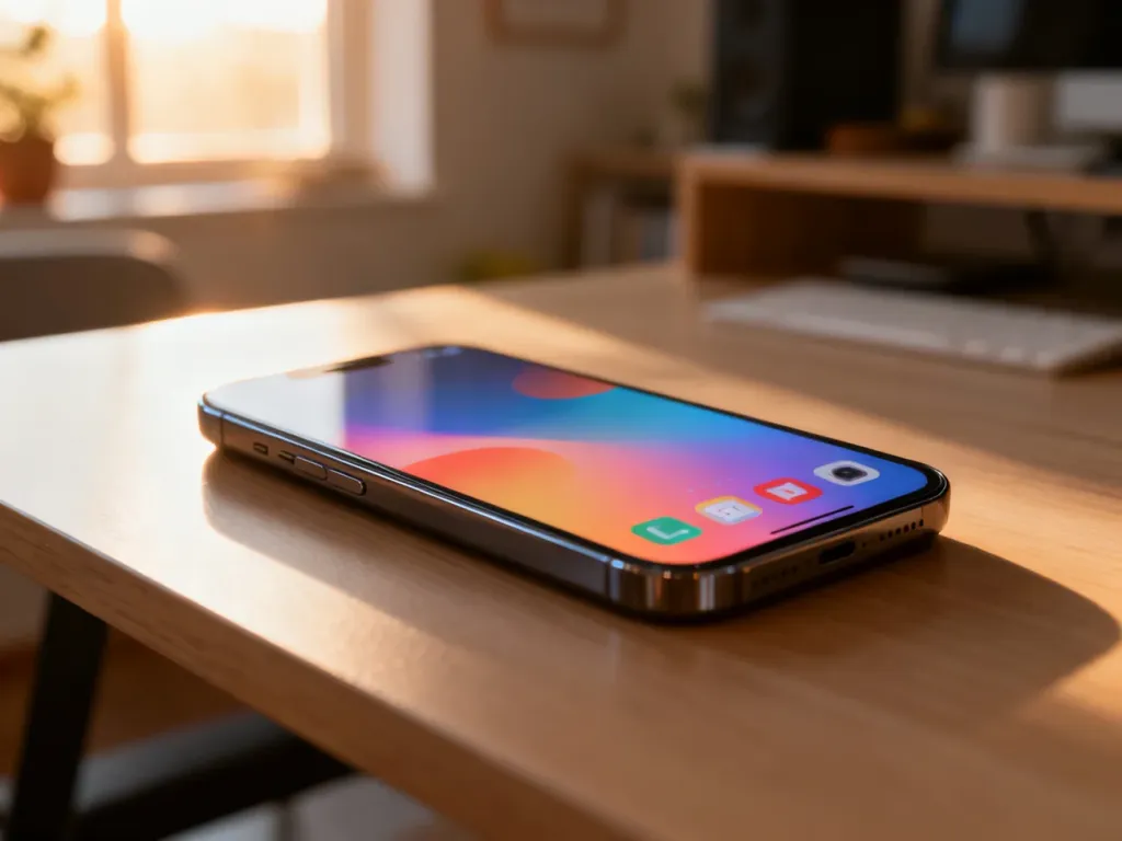 Nowoczesny smartfon z kolorowymi ikonami na ekranie leżący na drewnianym biurku w słonecznym domowym biurze.
