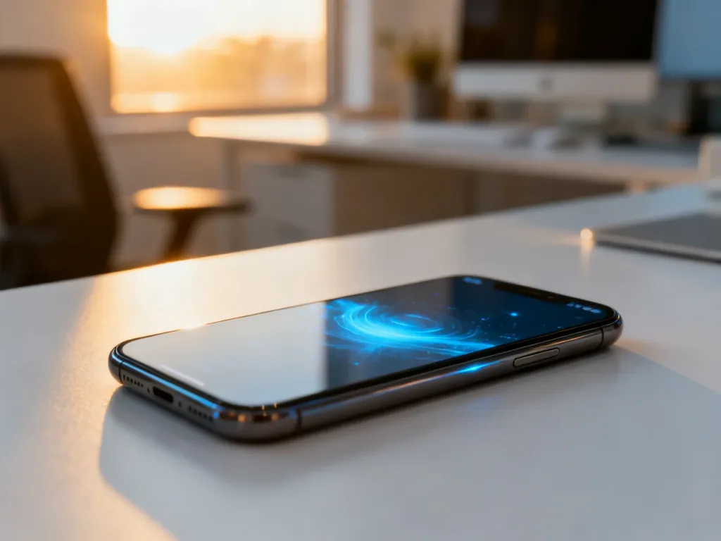 Nowoczesny smartfon leżący na minimalistycznym biurku, symbolizujący proces resetowania lub wymazywania danych z urządzenia.