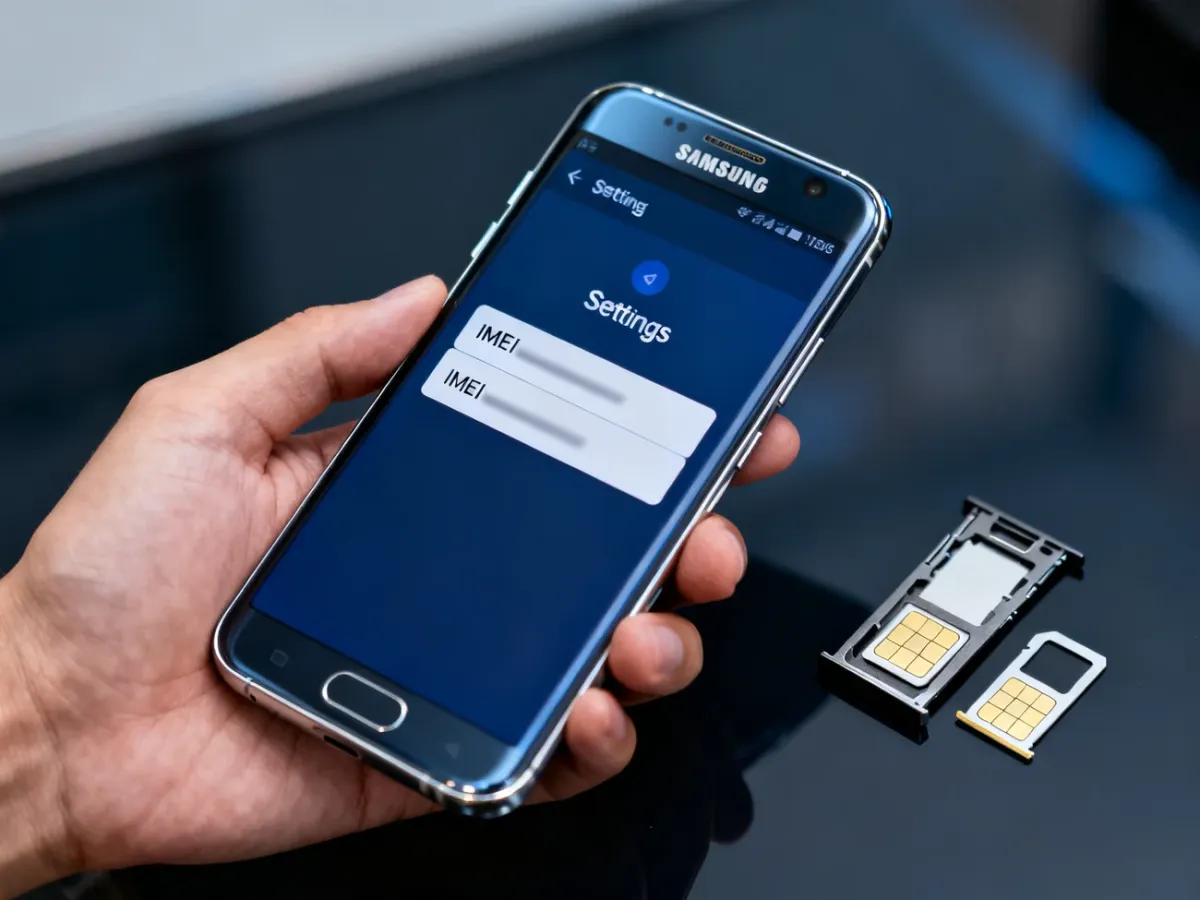 Smartfon Samsung z dwiema kartami SIM symbolizującymi dwa numery IMEI