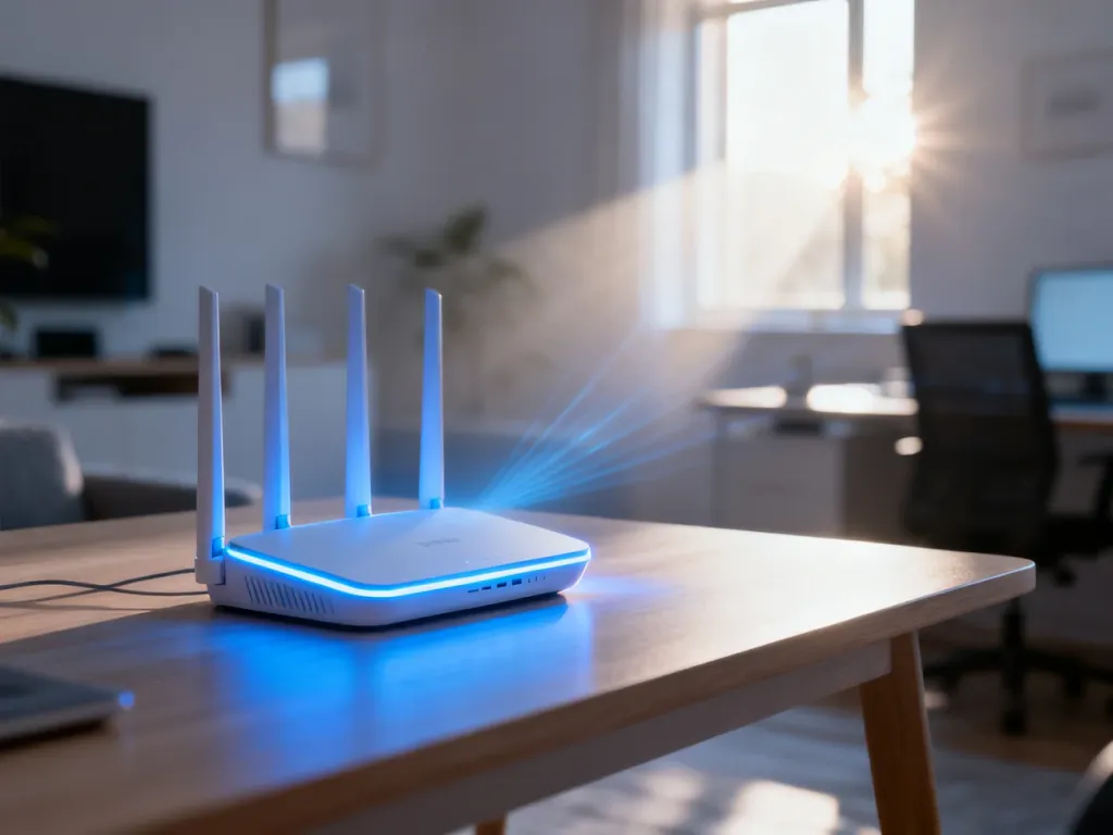 Nowoczesny router Wi-Fi 6 na minimalistycznym biurku, symbolizujący szybką i stabilną łączność bezprzewodową w domu.