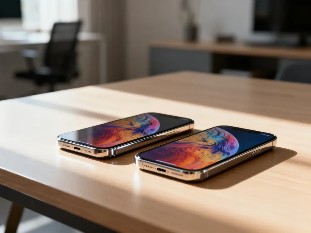 Dwa nowoczesne smartfony leżące obok siebie na drewnianym biurku, prezentujące design modeli iPhone 15 i 16e.