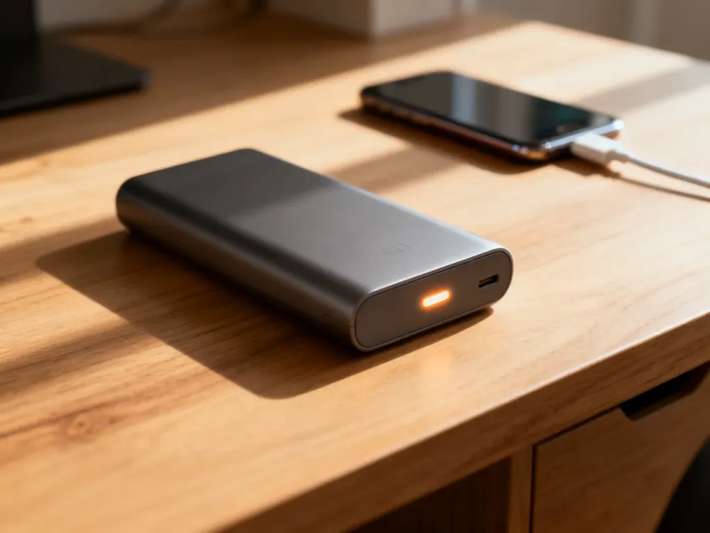 Nowoczesny powerbank z wskaźnikiem pełnego naładowania podłączony do smartfona na drewnianym biurku.