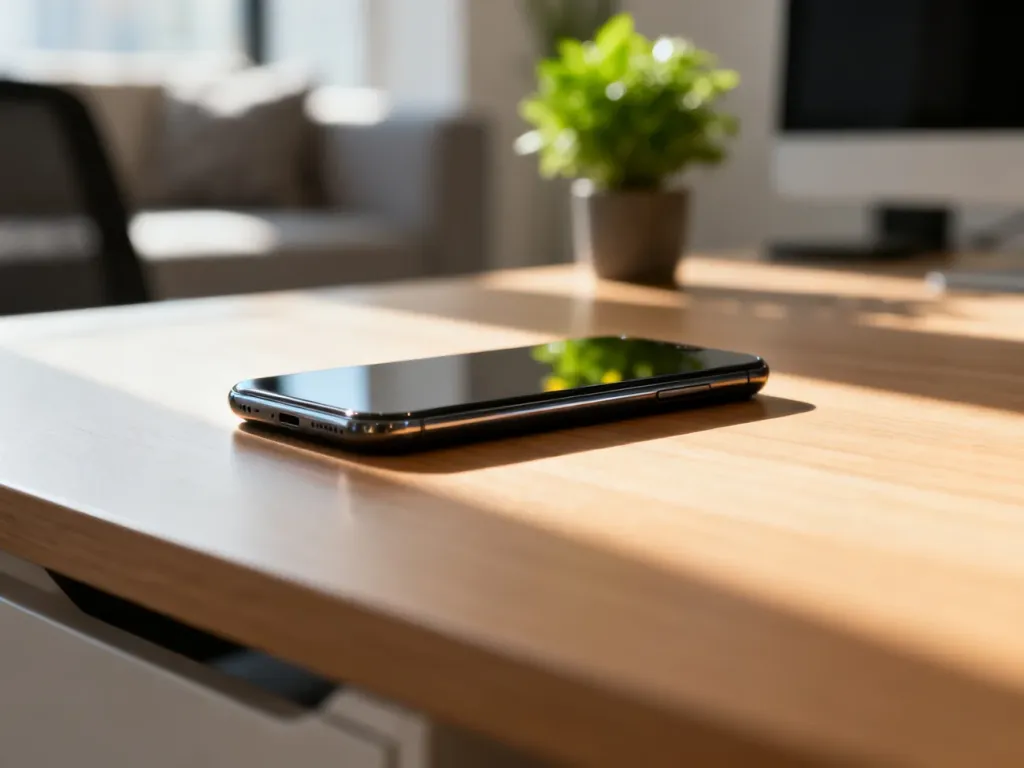 Nowoczesny smartfon leżący na minimalistycznym drewnianym biurku w przytulnym domowym biurze.