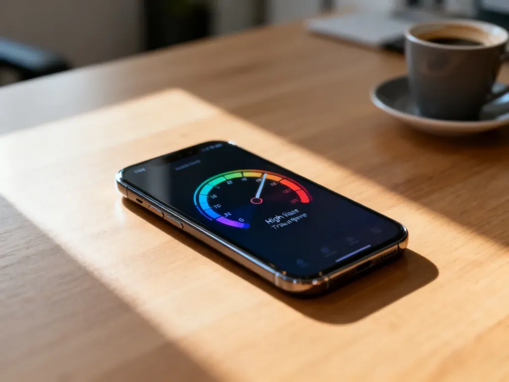 Smartfon na biurku z wyświetlonym graficznym wskaźnikiem wysokiej prędkości pobierania danych.