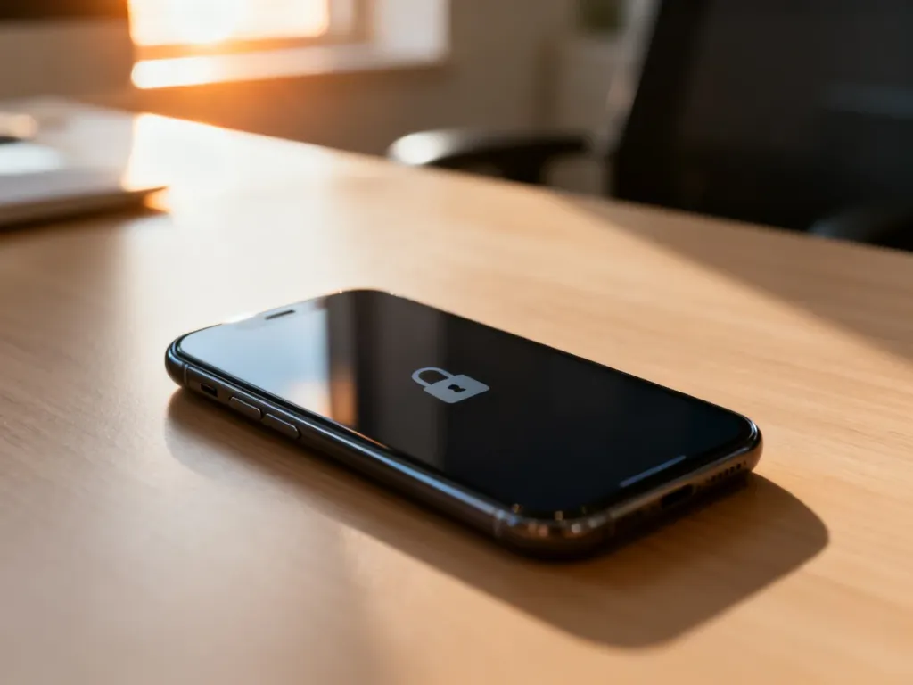 Nowoczesny smartfon z wygaszonym ekranem leżący na drewnianym biurku, symbolizujący zablokowane urządzenie.