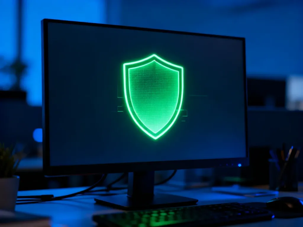 Ikona zielonej tarczy na ekranie komputera, symbolizująca aktywne zabezpieczenia systemu Windows Defender.
