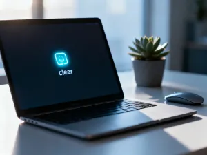 Dysk SSD leżący na biurku na tle monitora z widocznymi ustawieniami pamięci systemu Windows 11.