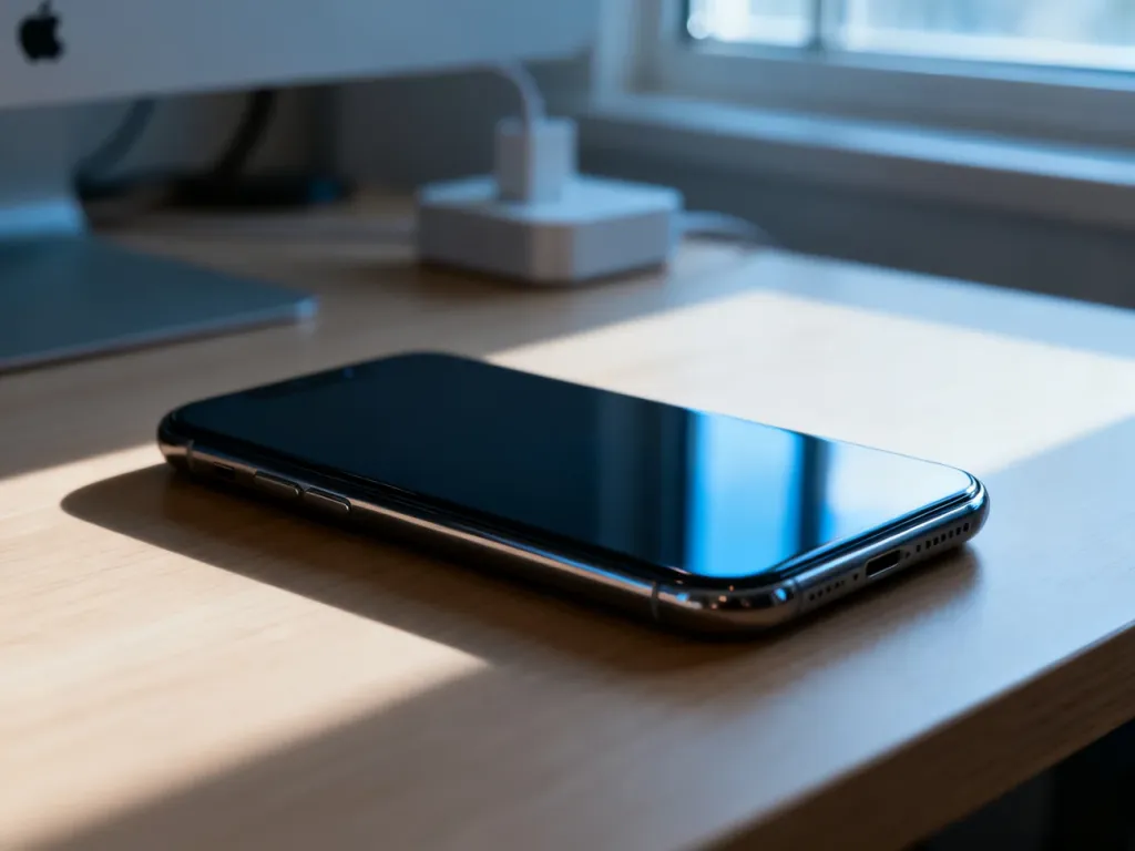 Nowoczesny smartfon leżący na drewnianym biurku w minimalistycznym, uporządkowanym miejscu pracy.