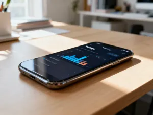 Ekran smartfona z widocznym wskaźnikiem kondycji baterii na minimalistycznym biurku w domowym biurze.