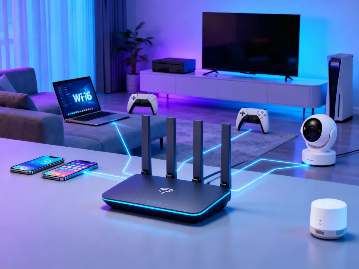 Router Wi-Fi 6 obsługujący wiele urządzeń smart home w nowoczesnym mieszkaniu