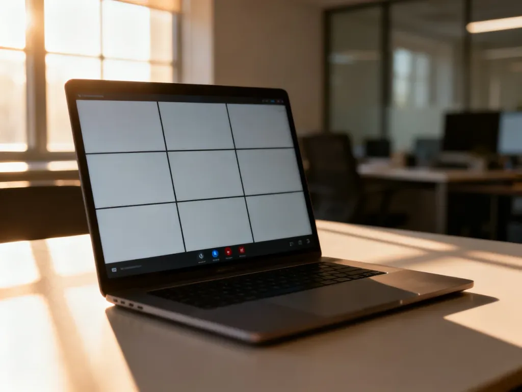 Ekran laptopa z otwartym interfejsem wideokonferencji Zoom, gotowy do rozpoczęcia wirtualnego spotkania.