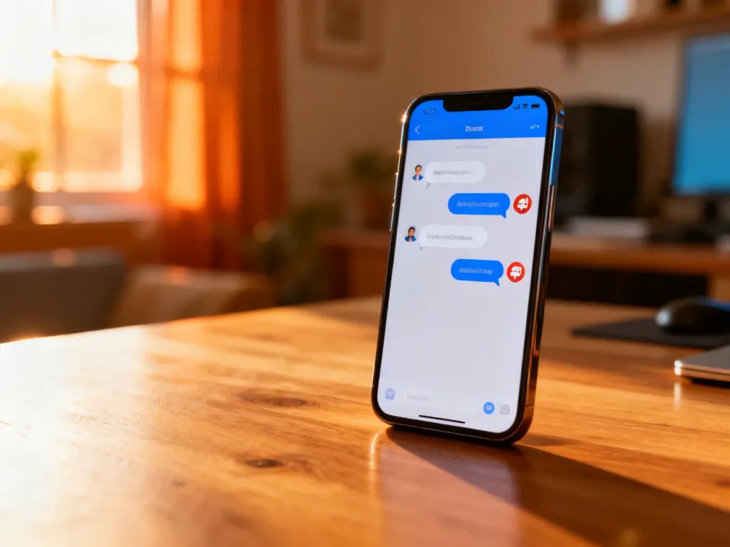 Smartfon z otwartą aplikacją do czatowania na drewnianym biurku w przytulnym domowym biurze.