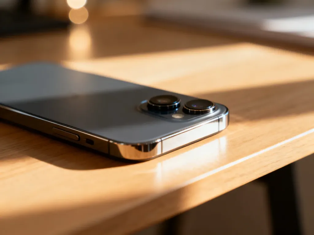 iPhone 13 leżący na drewnianym biurku w świetle poranka, podkreślający jego nowoczesny design i podwójny aparat.
