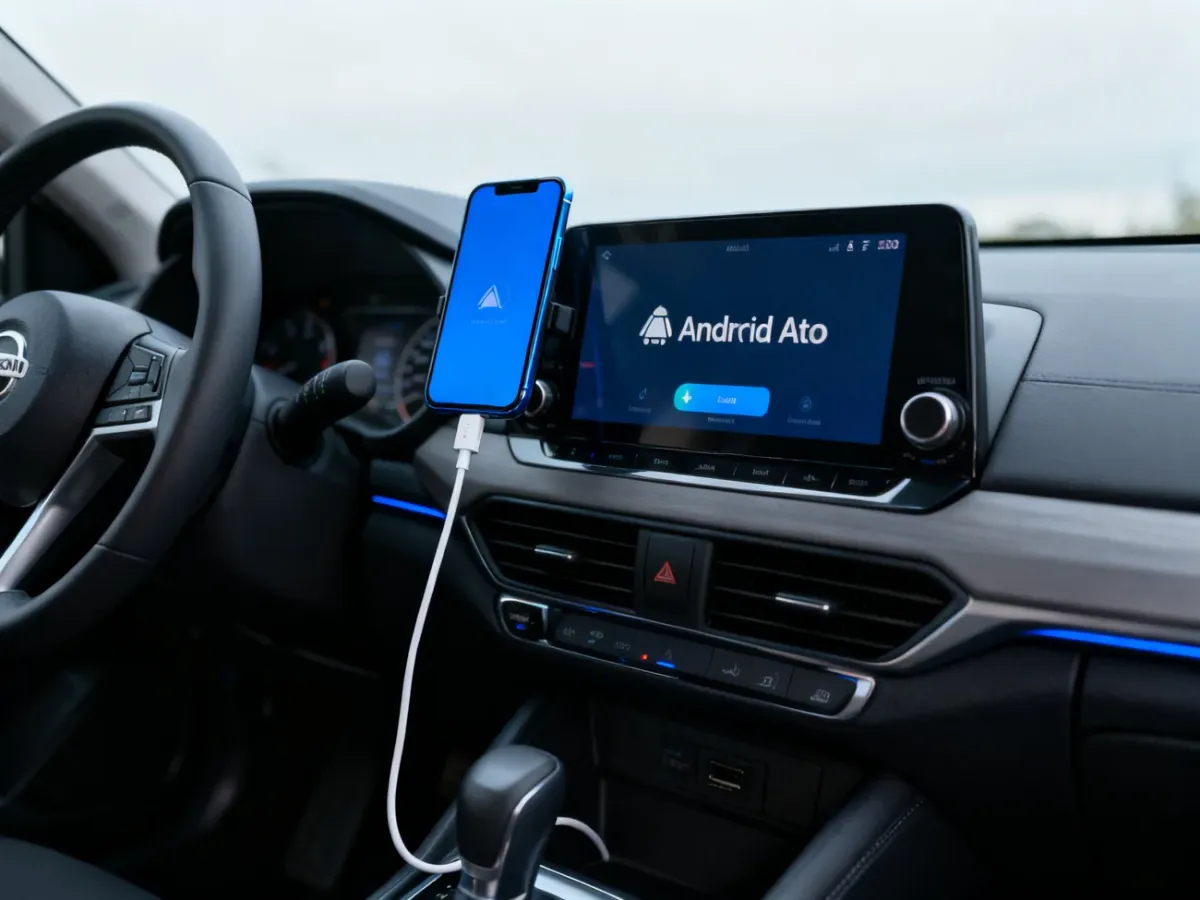 Telefon podłączony kablem USB do systemu multimedialnego samochodu