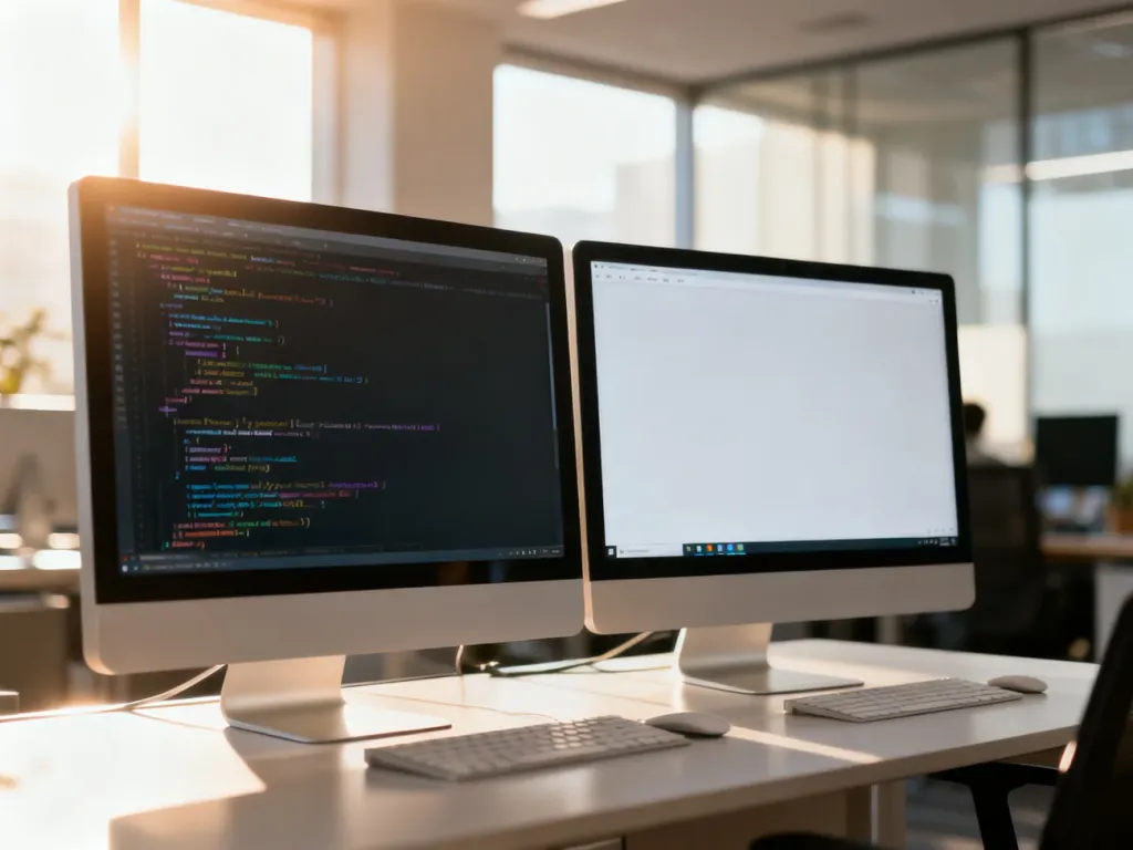 Dwa monitory na biurku: jeden z kodem systemowym, drugi z minimalistycznym interfejsem Windows w nowoczesnym biurze.