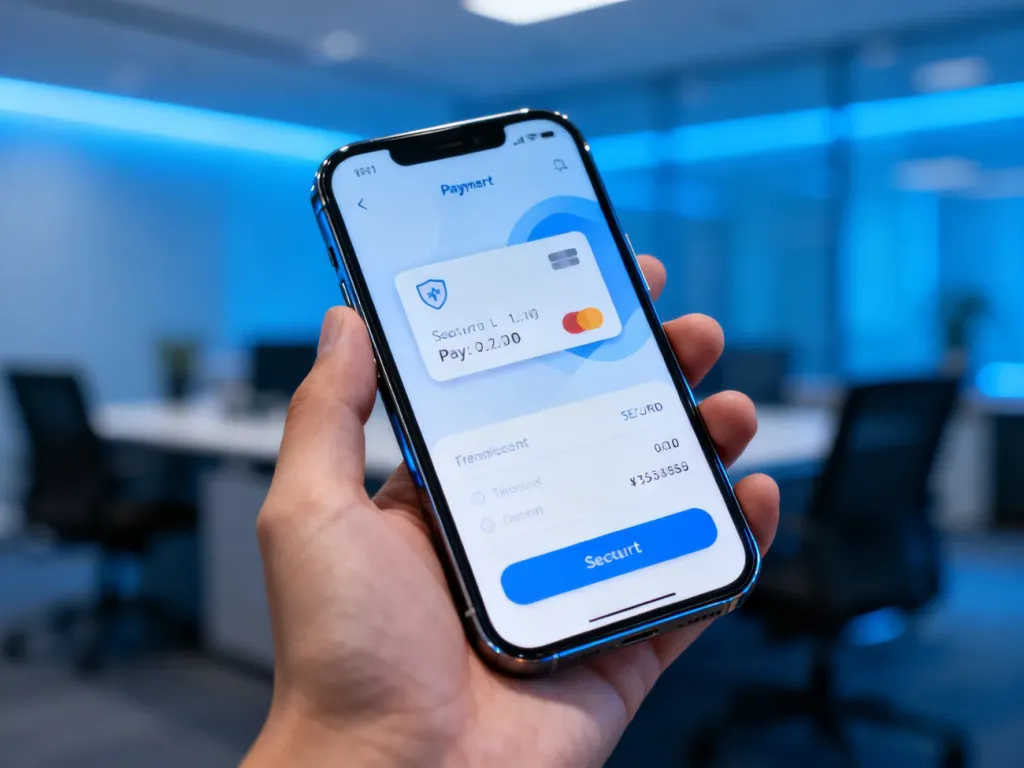 Nowoczesny interfejs płatności mobilnych Samsung Checkout wyświetlony na ekranie smartfona w profesjonalnym otoczeniu.