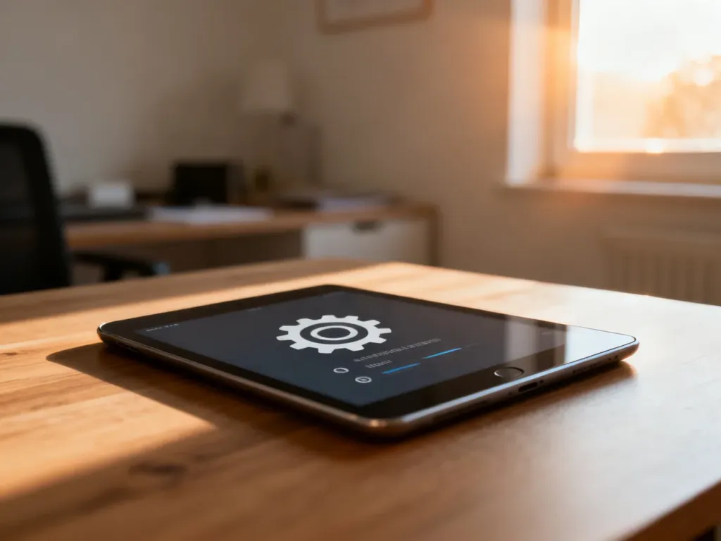 Tablet na drewnianym biurku z otwartym menu ustawień, symbolizujący proces zarządzania funkcjami urządzenia.