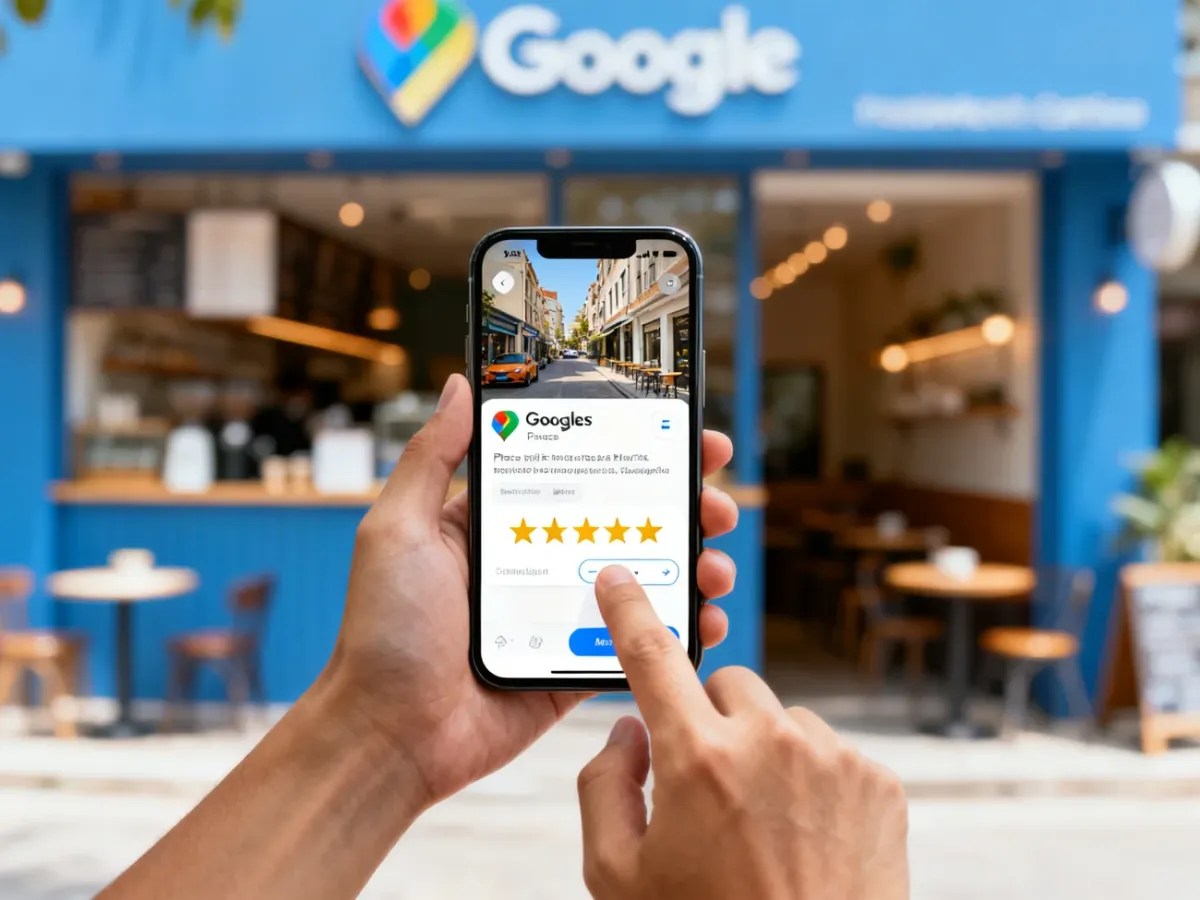 Osoba wystawiająca ocenę miejsca w aplikacji Mapy Google na smartfonie